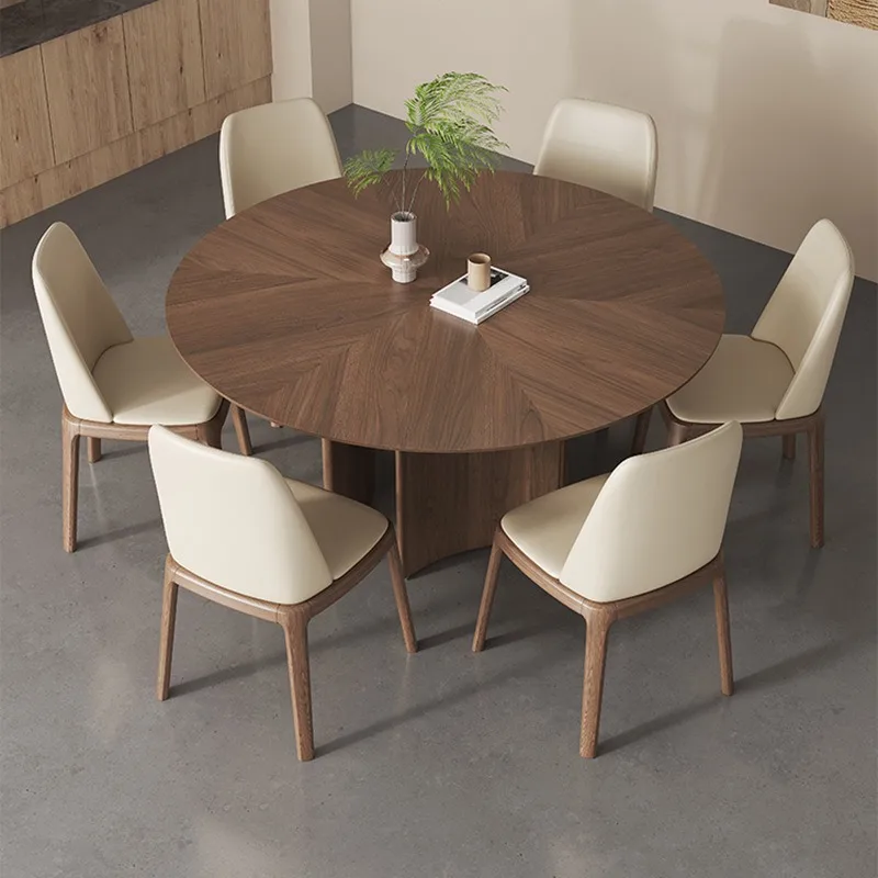 Retro solid wood round dining table and chair combination medium and ancient style small apartment with turntable North American