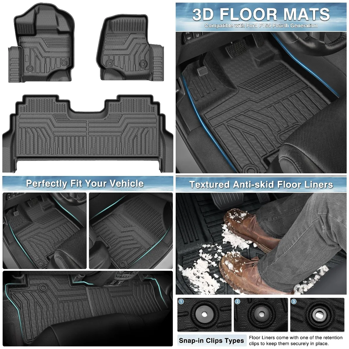 

Floor Mats for Ford F150 SuperCrew 2015-2025, TPE All-Weather Liners with Storage, Black
