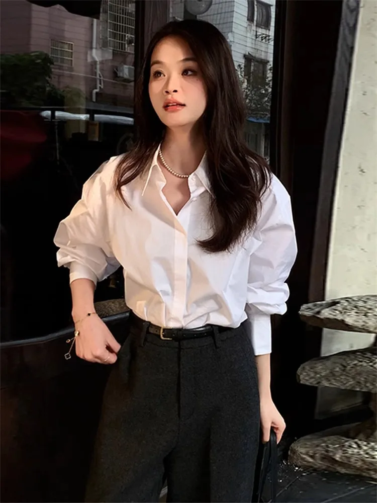

Design Sensation White Shirt Jacket Women's High-End Early Spring Commute Shirt Loose Fit Button Detail Long Sleeve