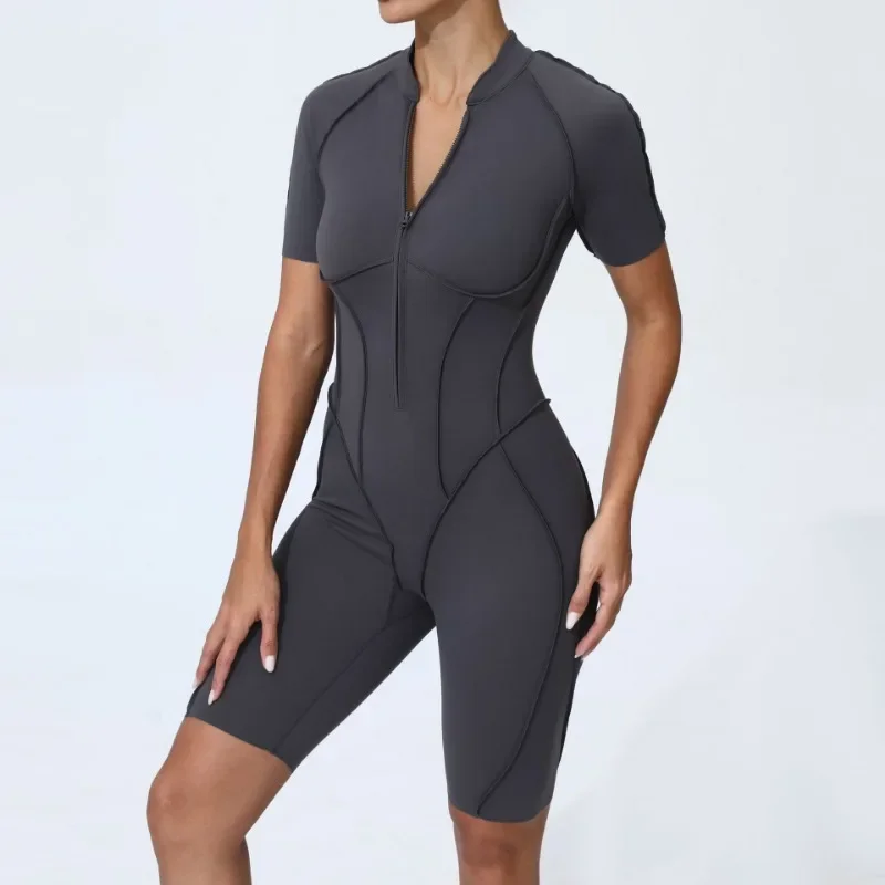 Zipper Short-sleeved Yoga Sports Fitness Jumpsuits Sets Without Chest Pad Tight Bodysuits Shorts Gym Workout Clothes for Women