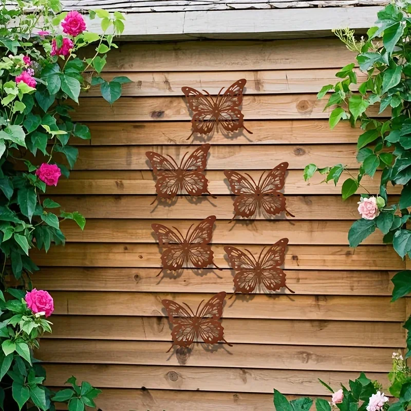CIFBUY 6Pcs Antique Butterfly Metal Wall Art, Iron Fence Garden Decor, Metal Animal Yard Sculpture, Vintage Rusted Outdoor