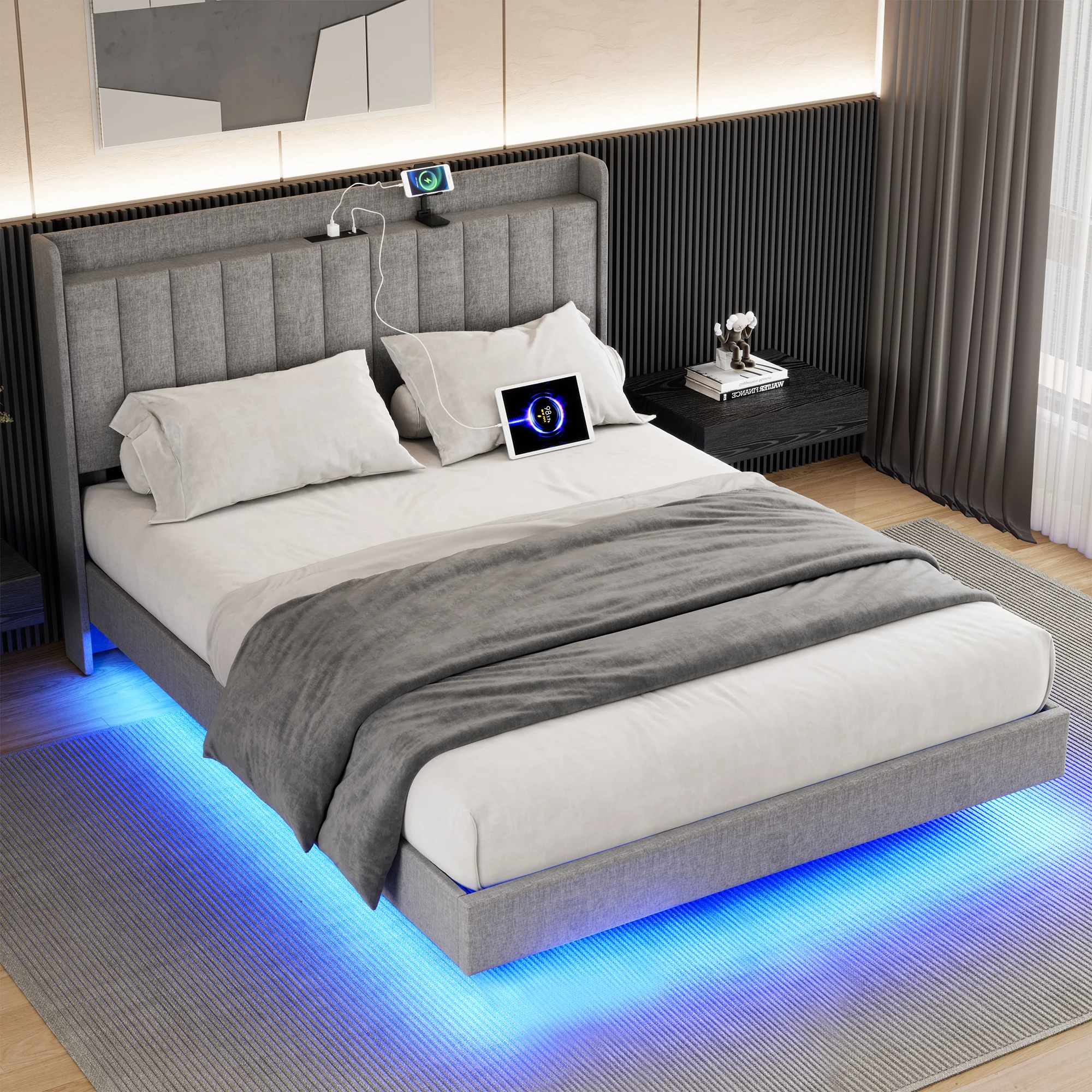 Floating Bed Frame with LED Lights, Upholstered Platform Bed Frame with Charging Station & Storage Headboard, No Box Spring Need