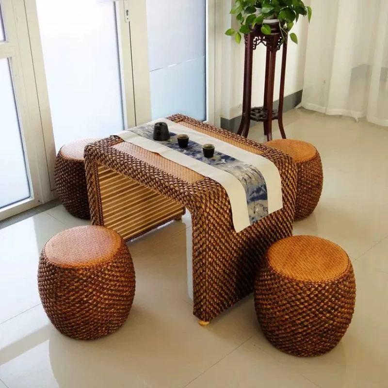 Rattan Woven Drum Stools for Home Entryway Round Ottoman for Shoe Change Bedroom Vanity Seat Guzheng Bench for Music Room