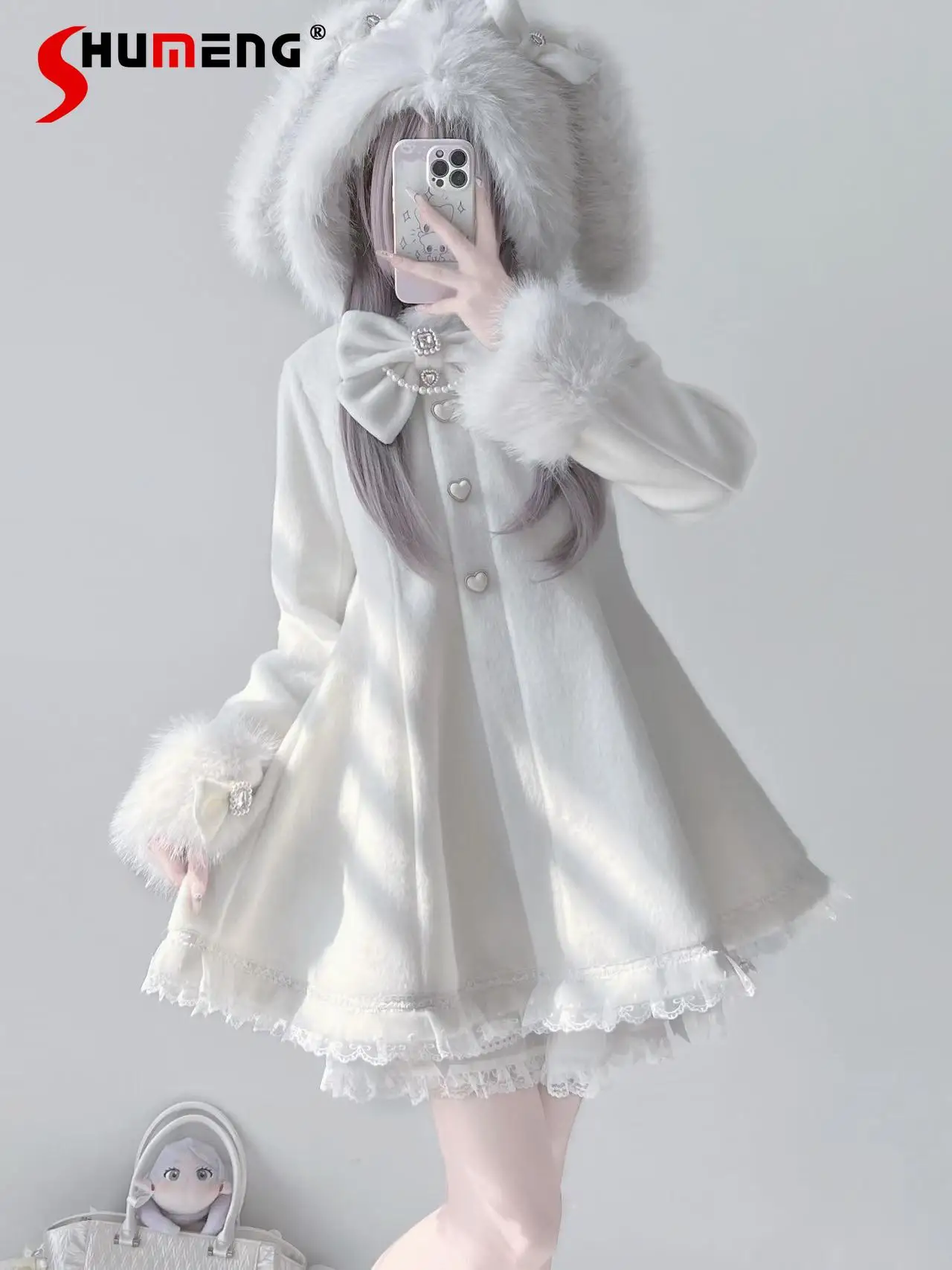 Mine Mass- Produced Plush Rabbit Hooded Woolen Coat Female Slim Bow Lace Single-breasted Long Coat Jacket Autumn and Winter New