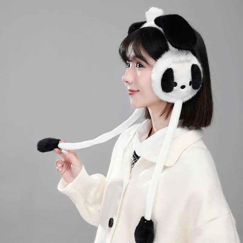 Miniso Pochacco Winter Woman Pneumatic Earmuffs Teenage Girls Cartoon Moving Ears Cover Pupils Plush Earwarmer Mother-girl Gifts