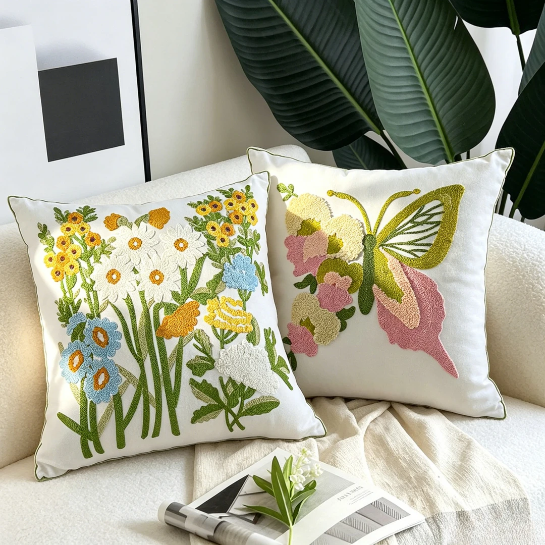 Beautiful Embroidered Flower Butterfly Throw Pillowcase Canvas Cotton Living Room Decoration Sofa Chair Cushion Cover Headboard