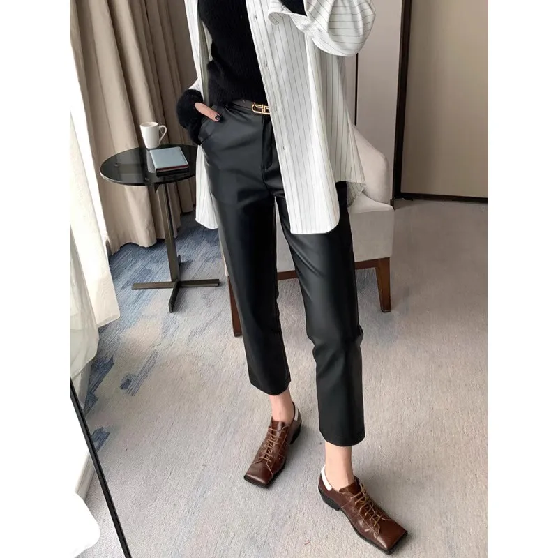 

Faionable Loose Leather Pants Real eepskin Straight Leg Long Trousers Slimming Wide Leg Casual Pants for Women