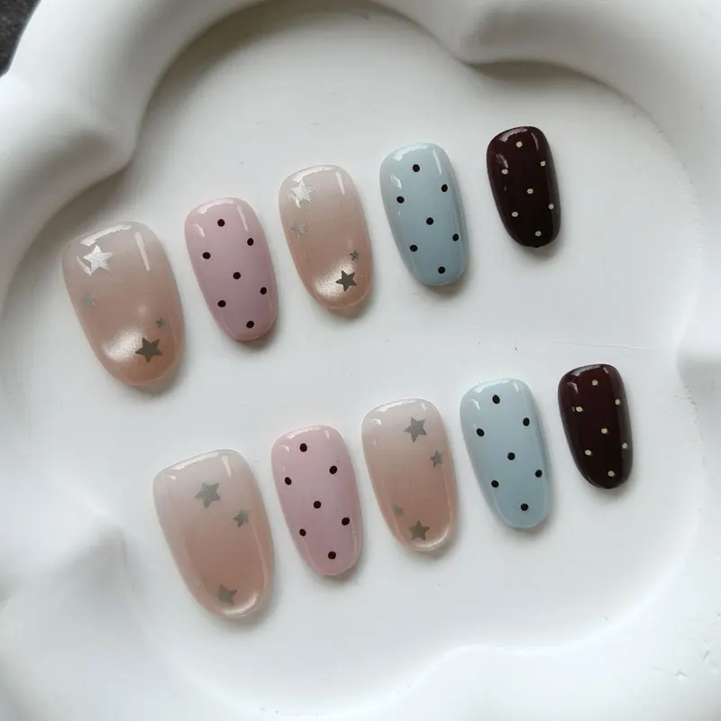 10 Stück Süße Niedliche Vergoldete Polka Dot Sterne Kurze Mandel Wiederverwendbare Nagelkunst Französischer Stil Katzenaugen-Nagelaufkleber Aufklebnägel – Detail 12