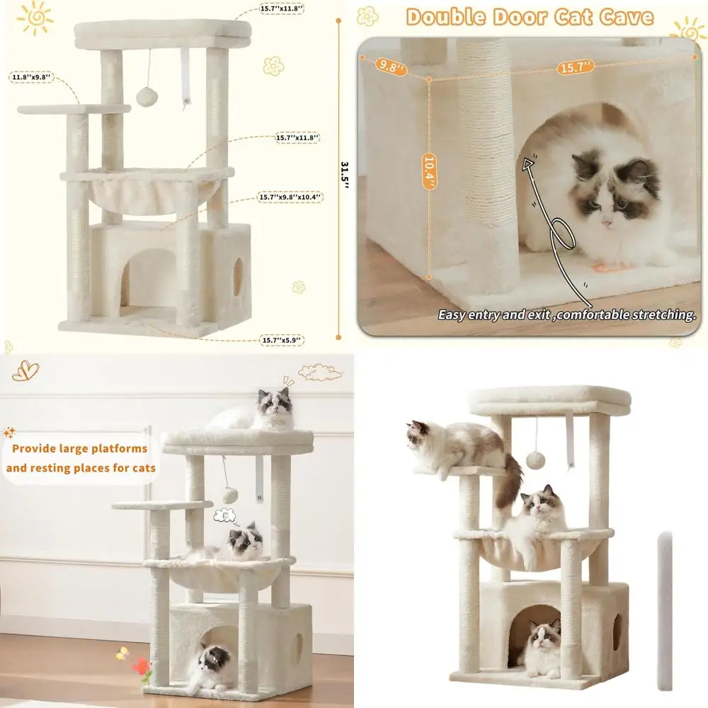 

Large Beige Cat Tree with Soft Basket, Spacious Bed Cave, Hidden Spaces, Sisal Scratching Posts, and Dangling Ball for Indoor Ca