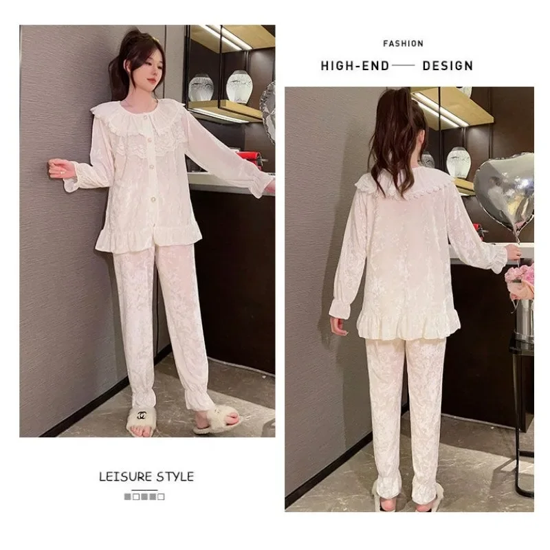 Pijama de terciopelo dorado para mujer, cárdigan de albaricoque, ropa de dormir para otoño e invierno, novedad de 2024