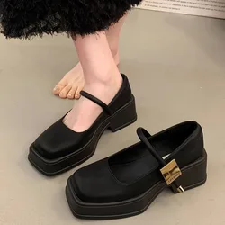 Woman Pumps Gothic Japanese Style Lolita Office Shoes for Women High Heels Mary Jane Square Toe on Heeled Normal Leather Casual