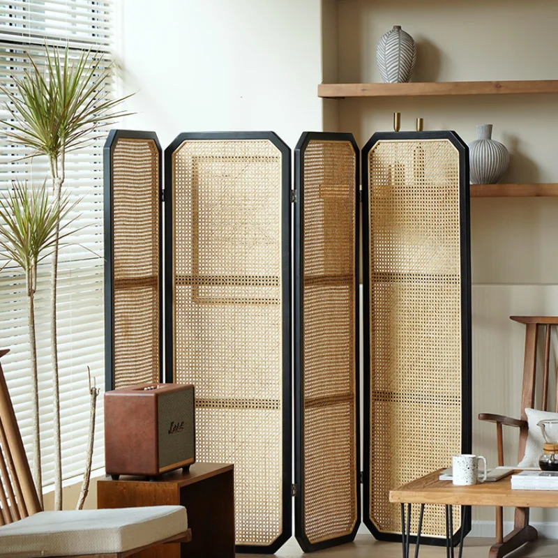 

Solid wood screen mobile folding partition rattan Japanese grid home bedroom blocking decorative folding screen