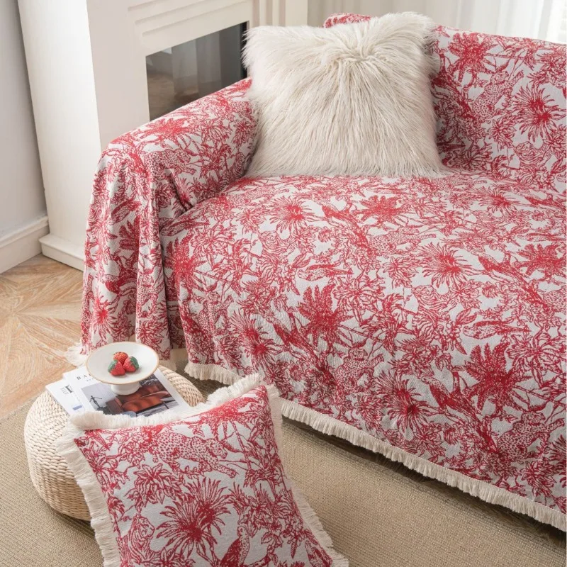 

Slipcover Prevent Pet Cat Dog Scratching Jacquard Iris Flower Vintage Festive Thick Sofa Cover Blanket Red Retro Sofa Towel