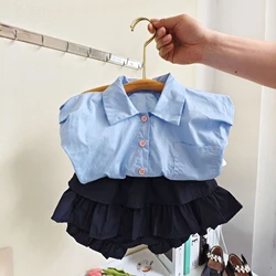 2023 Summer New Girls' Academy Style Set Pleated Sleeveless Shirts +Pumpkin Skirts 2pcs Set Casual Children Girls Clothes Suit