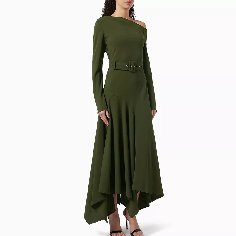 

Serendipity Asymmetric Evening Dresses One-shoulder Dress فساتين سهرة Elegant Crepe Cocktail Party Prom Gowns With Belt