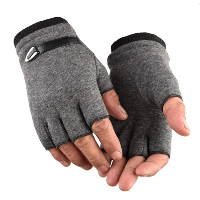 Guantes sin dedos de cuero de gamuza para hombre, guantes elásticos de medio dedo, mitones de bicicleta al aire libre, guantes cálidos de invierno para conducir, negro y gris