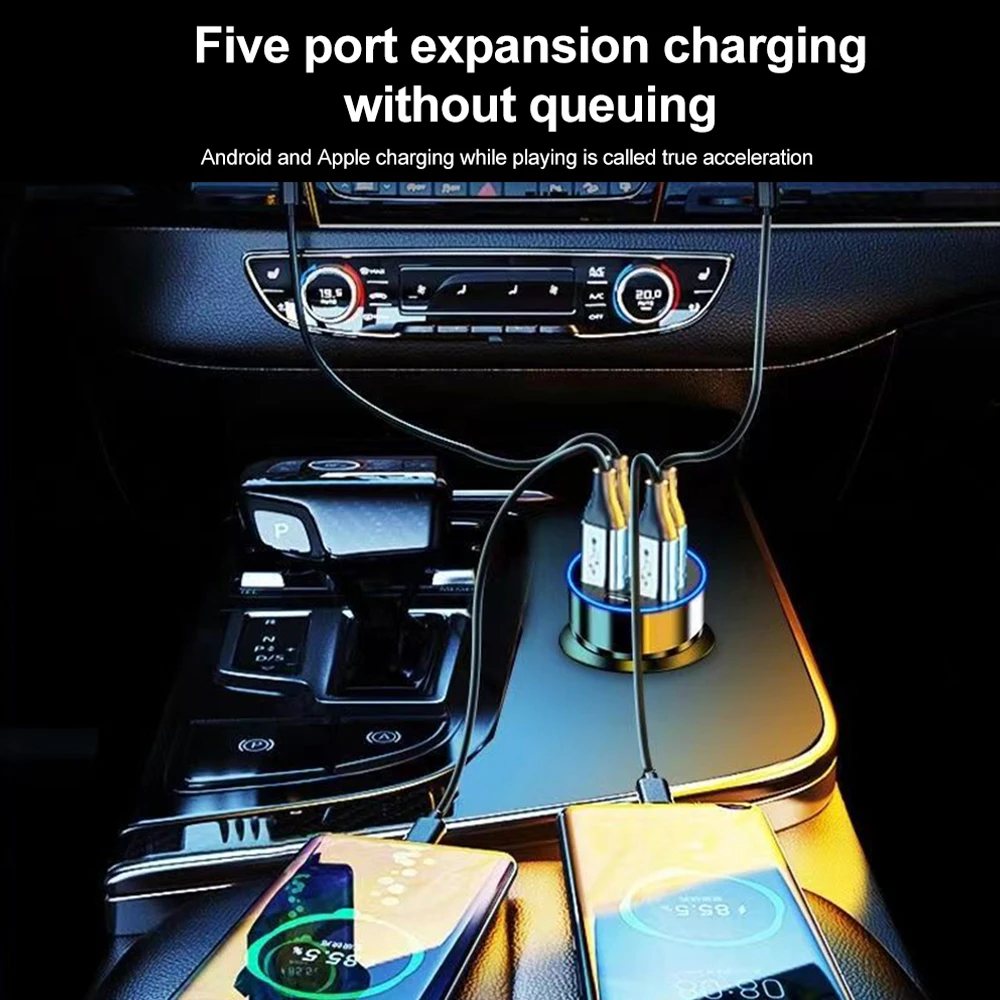 250W 5-Port Car Charger Fast Charging Pd Qc3.0 Usb 3.1A Car Mobile Phone Charger C Type Adapter with Voltage Display