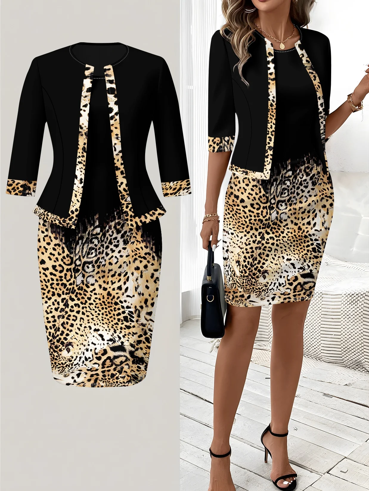 Printed Design Autumn and winter styles casual style Leopard Print Pattern Design round neck dress suit