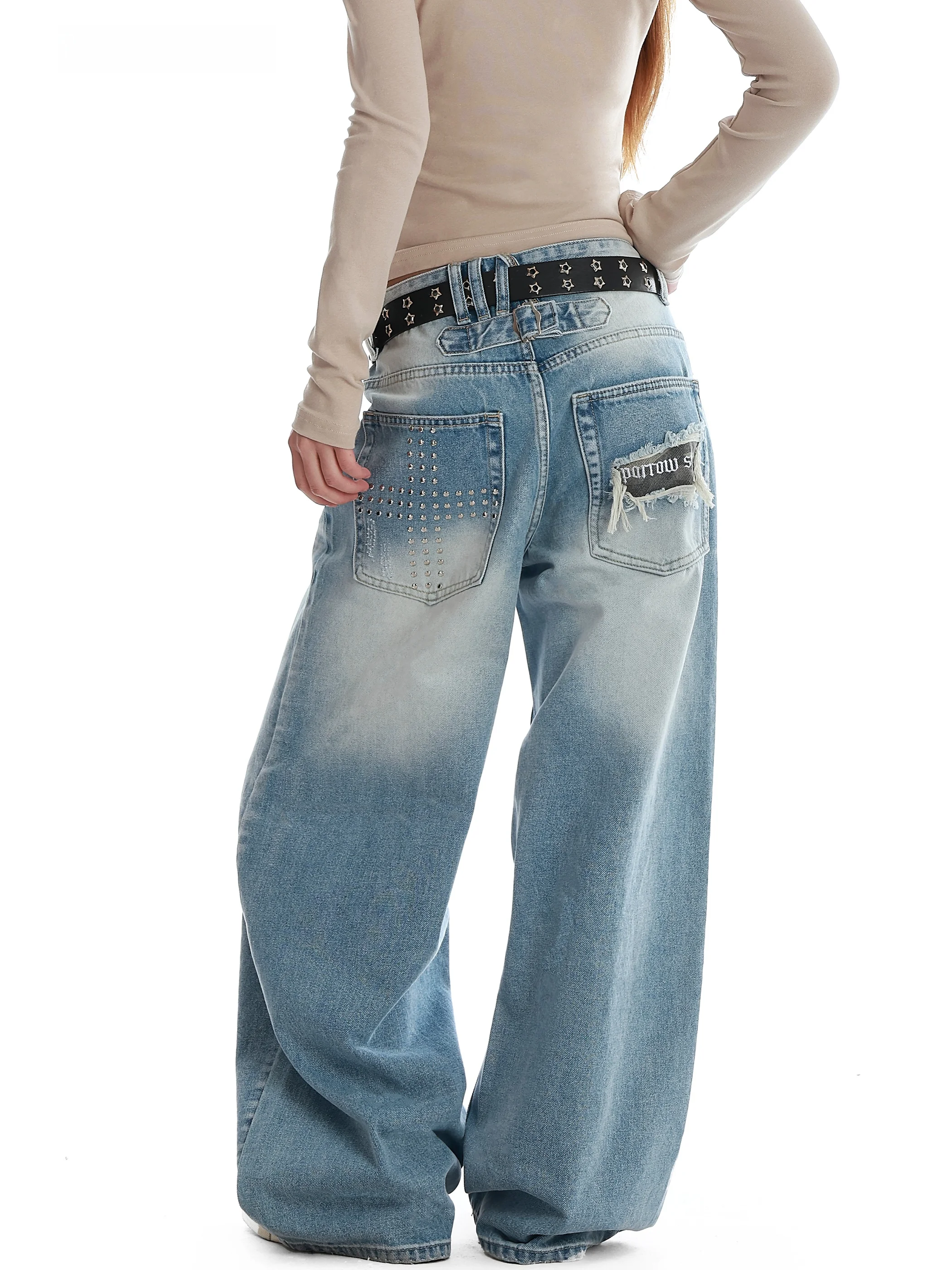 

Vintage American Sle adient Waed Paris Bule Hole Denim Jeans Women's Street Sle Loose Casual Pants Casual Wide Leg ...