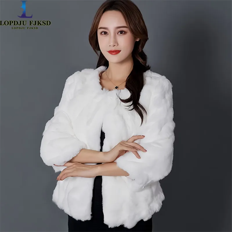 Real Rex Rabbit Fur Coat for Women, Three Quarter Short Jacket, Female Loose Thicken Warm Clothes, High Quality, New, Winter