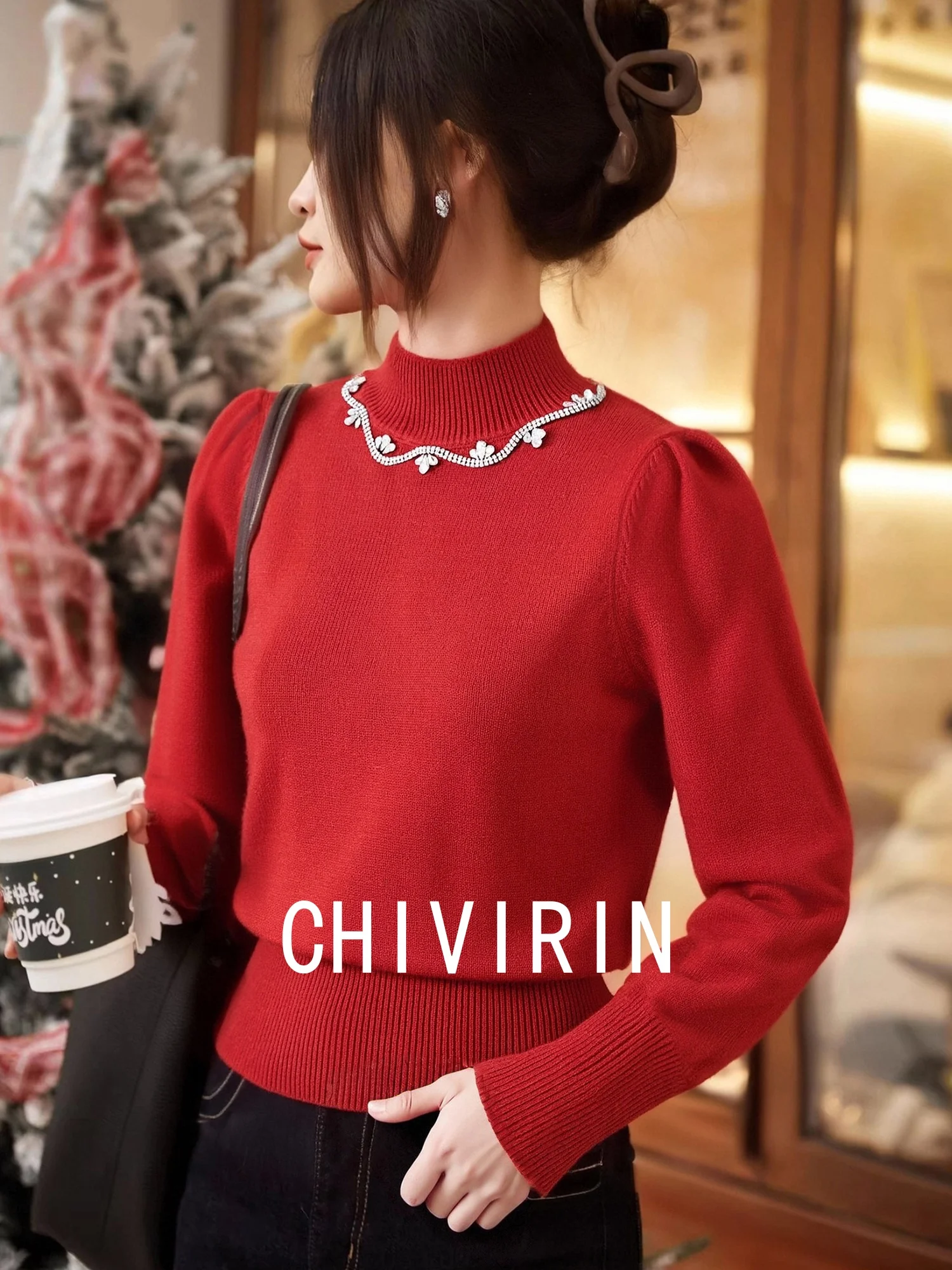 

New Year ort Knitted Sweater f High Collar Heavy Drill Rhinestone Rayon Women Spring Faionable Versatile Top Commute S...