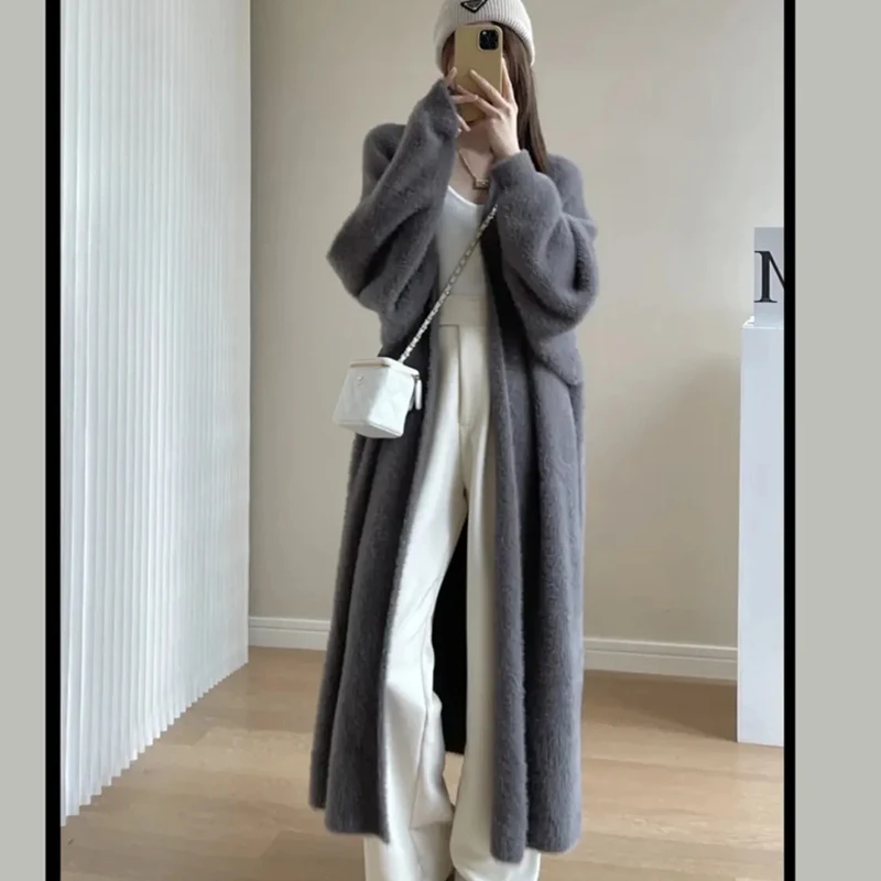 

Faux Mink Velvet Mid-Length Jacket Women Loose Cardigan Fashion Elegant Outwear Knitted White Fall Lantern Sleeves Coat ZT58