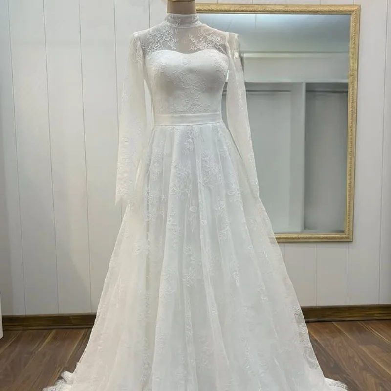 White Appliques Wedding Dresses Lace Flower Decal  long tail A-line long sleeves Made wedding dress Bridal Gown