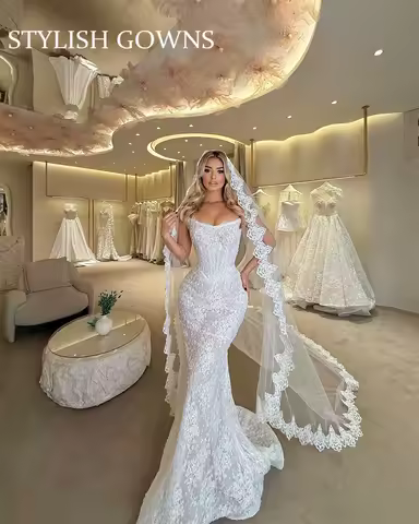 Customized Elegant Evening Dress Lace Mermaid Wedding Dress Illusion Beaded Pearls Court Train Trumpet Bridal Gown