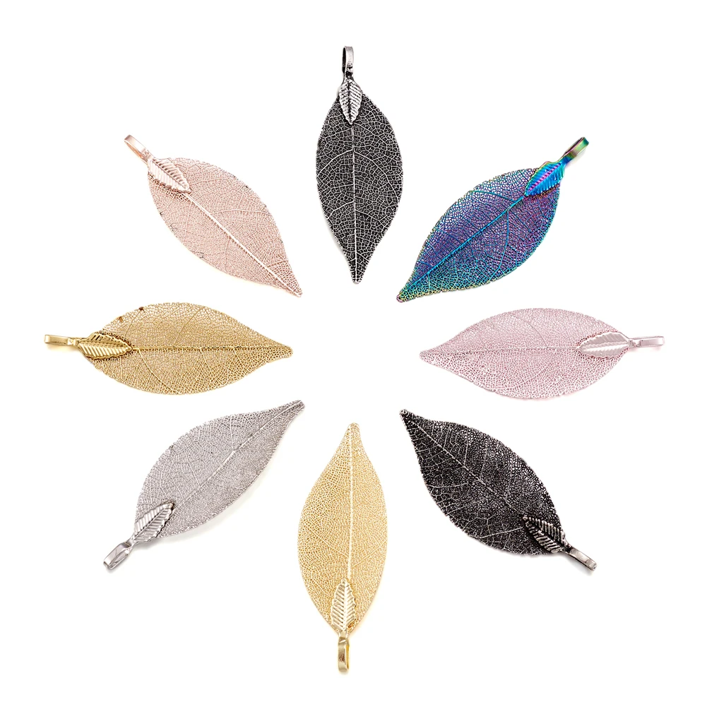 50PCS Electroplated Leaf Big Pendants Mixed Color Natural Leaf for DIY Necklace Earrings Jewelry Making 52~53x19~20x1.5mm