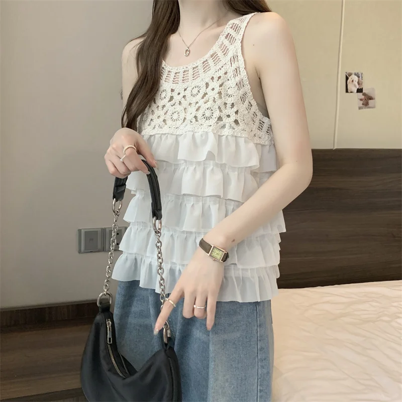 Summer Sleeveless Hook Flower Hollow Out Blouse Women Patchwork Chiffon Shirt Ruffles Knitted Vest Tops