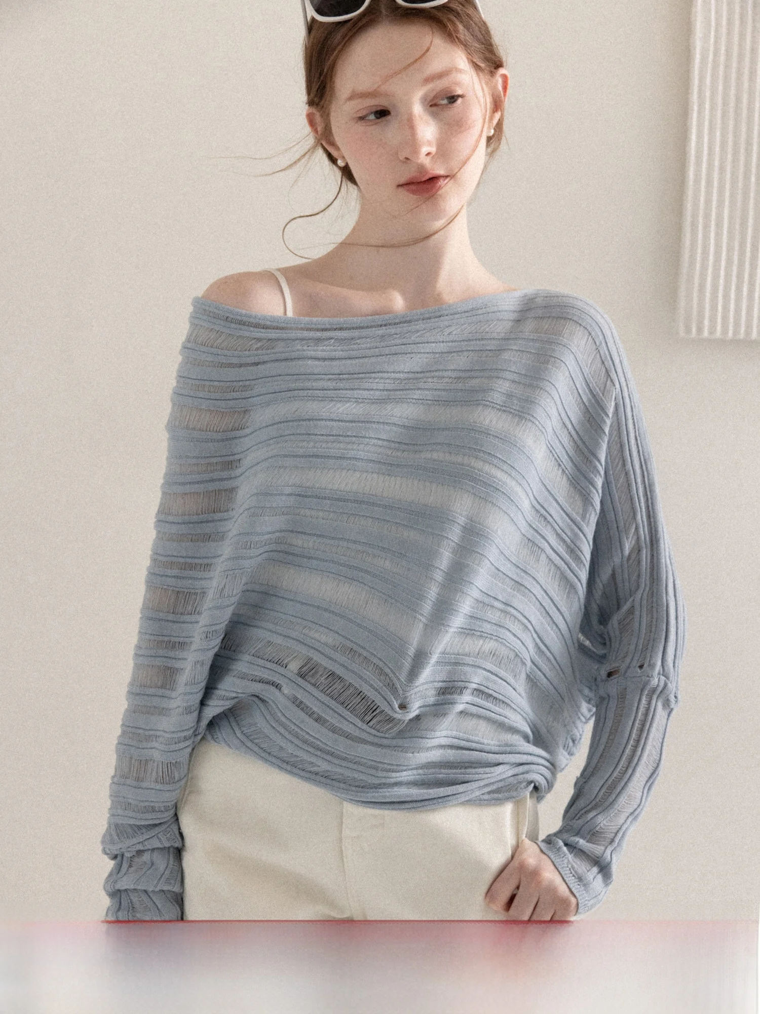 

Blue Long Sve Knitted Sweater Irregular Batwing oulder Women Casual Sle Soft Polyester Blend Spring Faion Top
