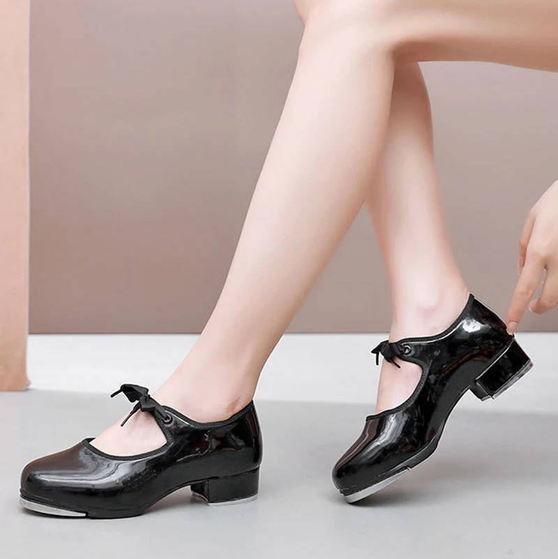 

Leather Adult tap dance shoes Men women kicked shoes Sports Leather soft bottom High-impact Plate of steel Black shoe