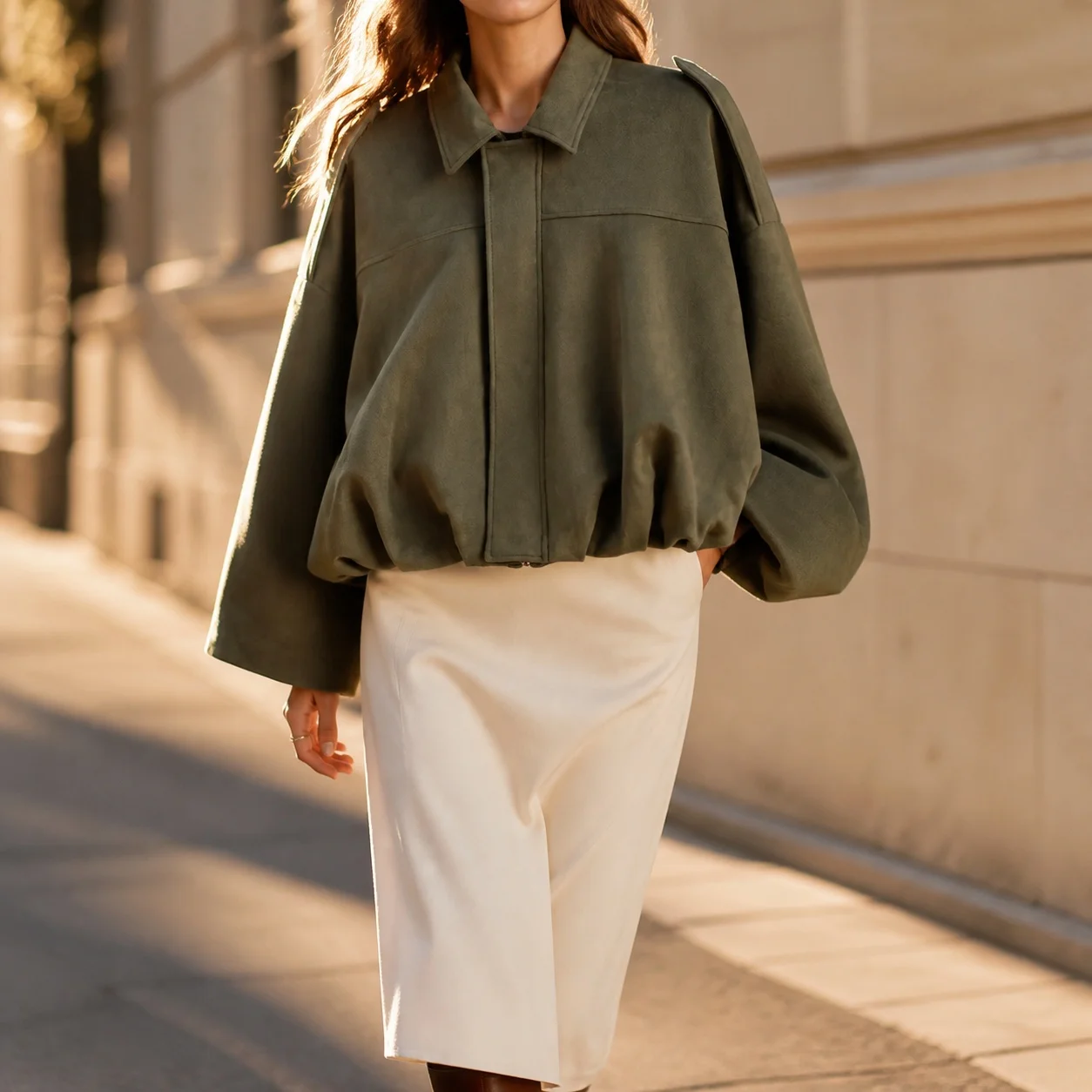 Women's Streetwear Suede Bomber Jacket with Notched Collar Drop Shoulder Loose Fit Zipper Closure Long Sleeve Patchwork Detail