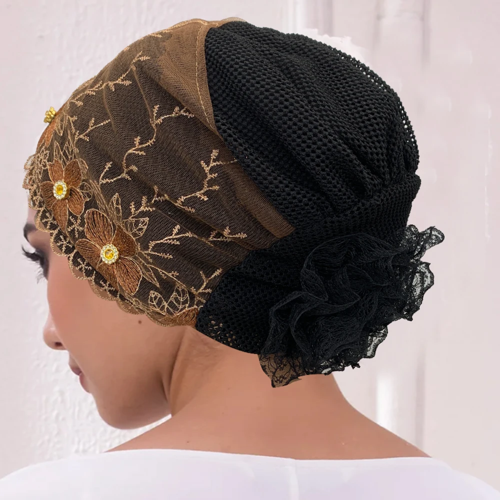 Breathable Embroidery Lace Turban Cap Muslim Women Summer Head Cover Headscarf Hat Islamic Headwear Bonnet Female Head Wraps