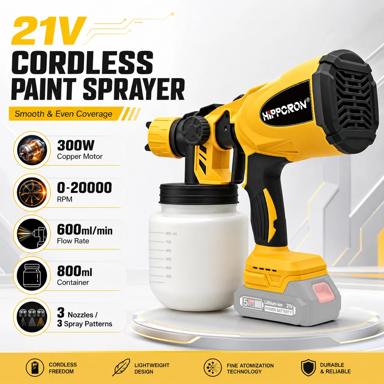 HIPPCRON 21V Cordless Paint Sprayer 800ml Electric Spray Gun 3 Nozzles 3 Spray Patterns for DIY Fence Furniture Wall Painting