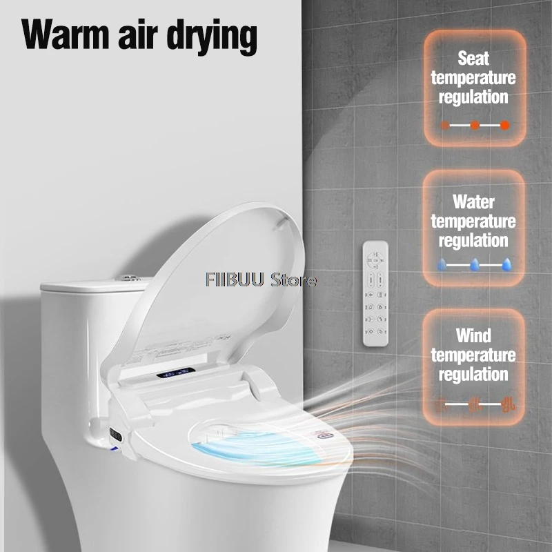 Elongated Smart Bidet Toilet Seat Cover Lid Warm Water RemoteControl Heated Seat Air Dryer Feminine Wash Anti-Splash Foam Shield