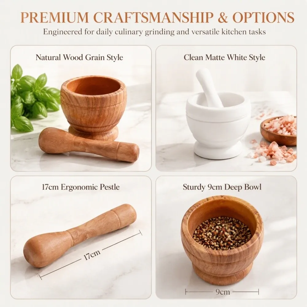 PP Mortar and Pestle Set Lightweight Design Wood Grain White Spice Grinder Bowl Easy to Clean Manual Operation