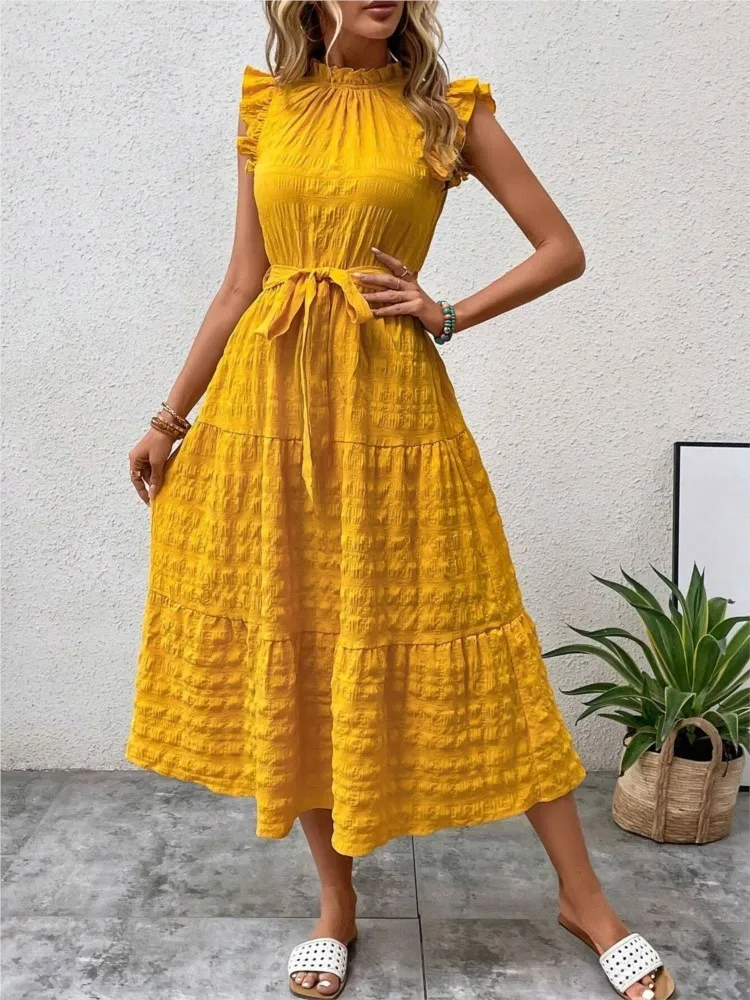 

Summer Elegant Solid Color Dress Woman's Fashion O-neck Ear Fungus Edge Flying Sleeve Midi Dresses Ladies Simple Style Vestidos