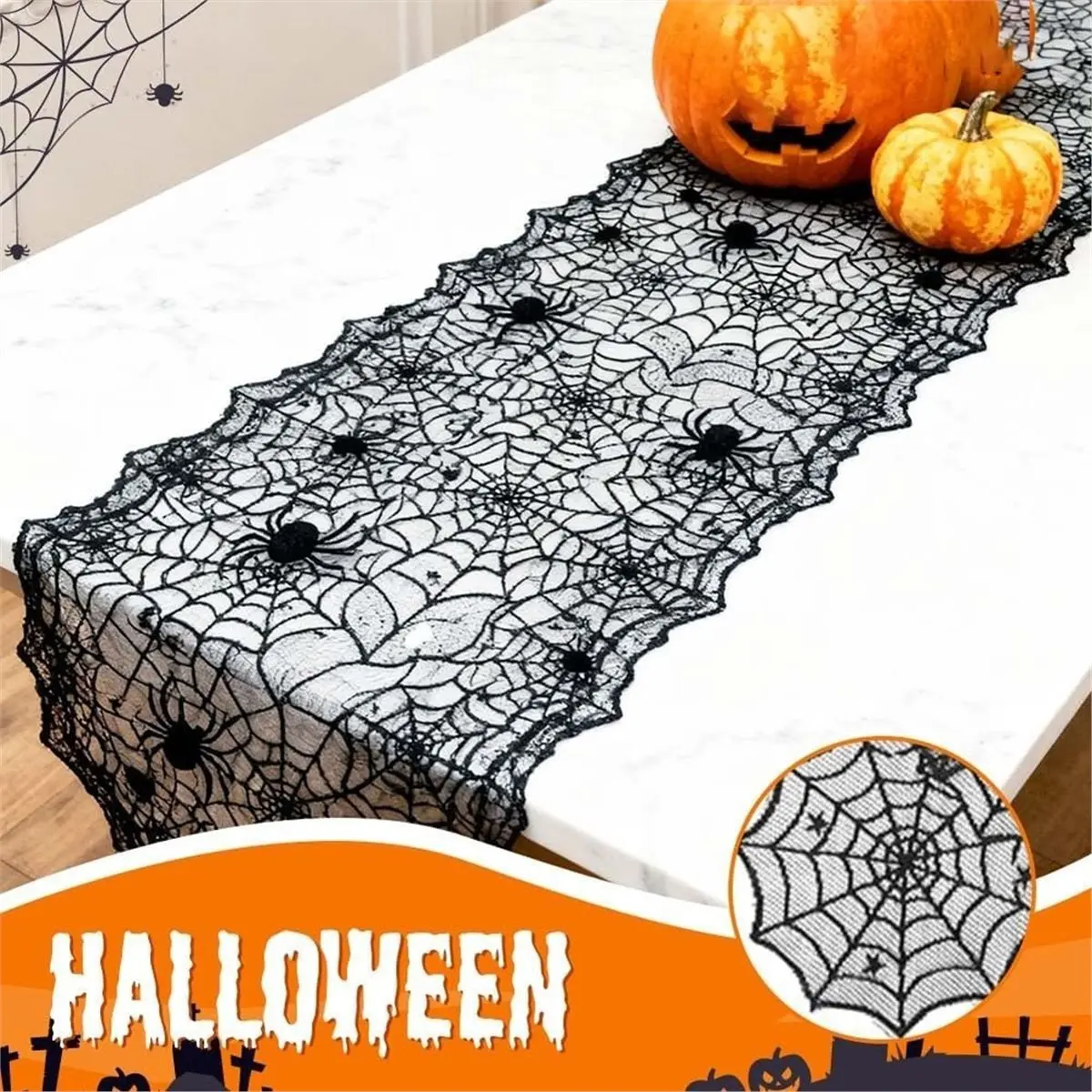 2Pcs Halloween Table Runner, Black Lace Spider Web Table Runner 13x72Inch for Dining Table, Mantel, Counter, Party