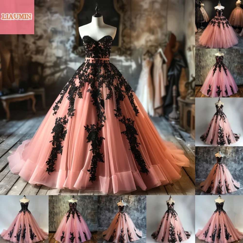 Pink and Black Lace Applique Strapless Ball Gown Full Length Evening Formal Occasion Party Prom Princess Dress Customized W11-14