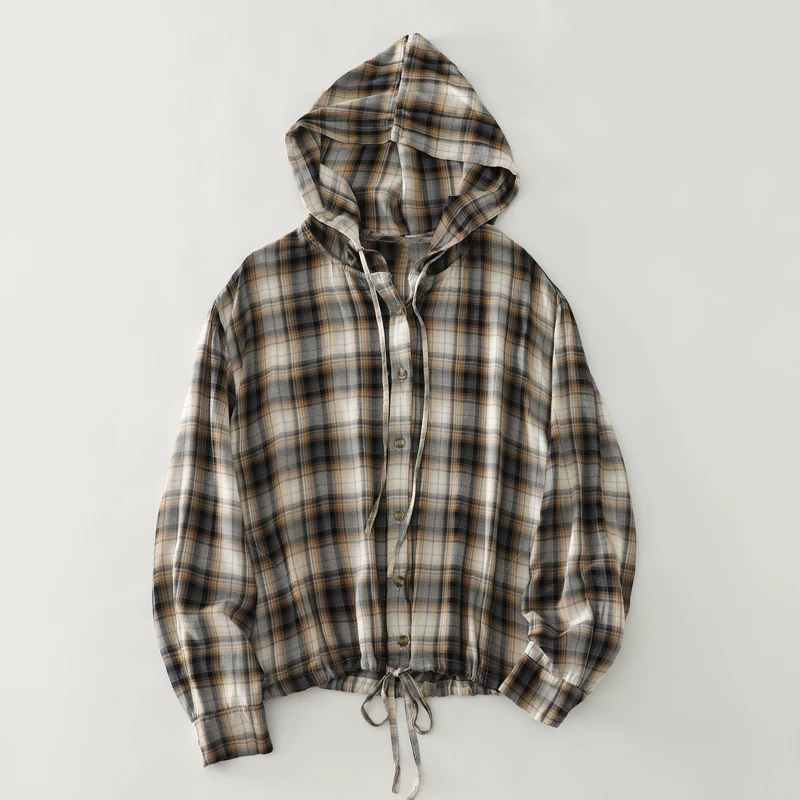

Loose Fit Women's Plaid Shirt with Hood Thin Cotton Polyester Long Sleeve Casual Style Autumn New Arrival Short Outerwear