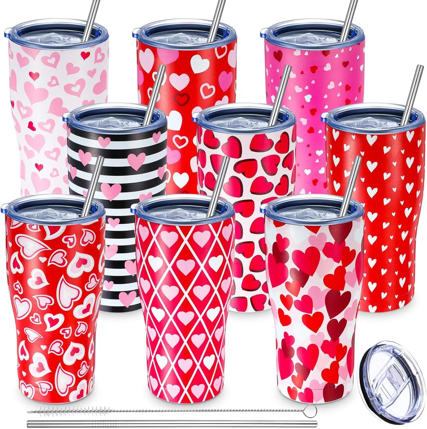 

9 Pcs Valentine's Day Stainless Steel Tumbler with Lid and Straw, 20 oz Double Wall Vacuum Insulated Cup for Hot and Cold Drinks