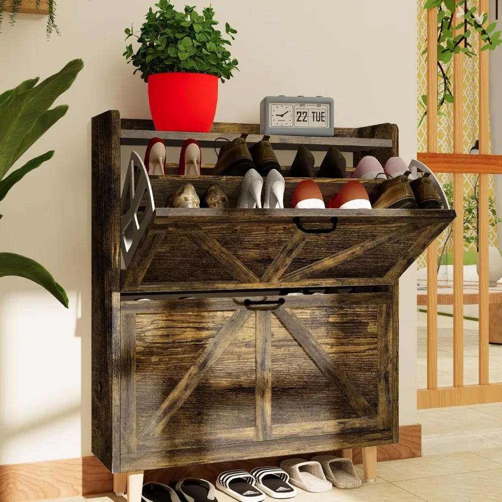 Shoe Cabinet Storage,Farmhouse Freestanding Organizer with 2 Flip Drawers and 4 Wooden feet