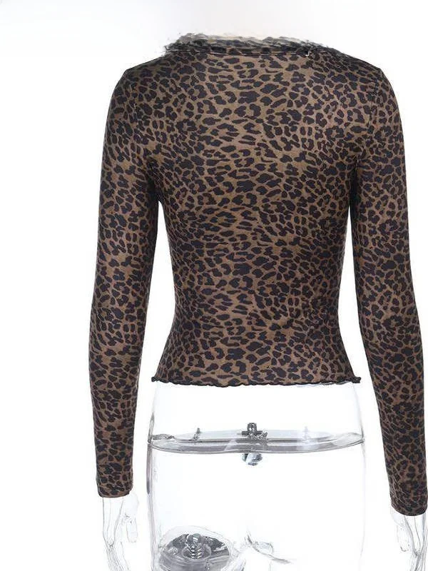 Trendy Women's ort Leopard Print Long Sve Top Hot Girl Faionable Casual Wear Slim Fit Sle Other 00% Material