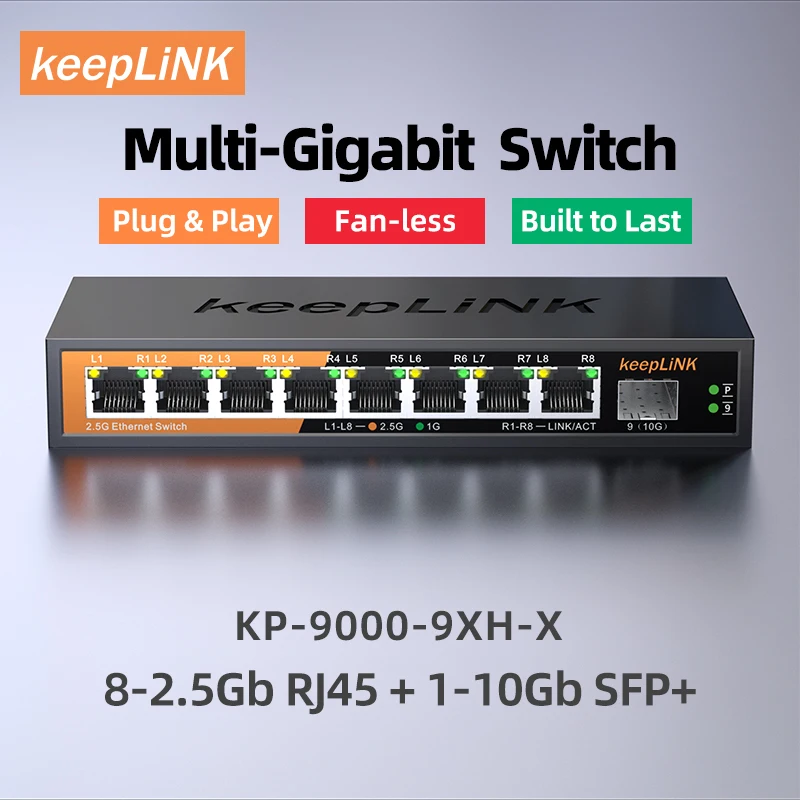 KeepLiNK 9-Port Multi-Gigabit Network Switch with 8-Port 2.5Gb Ethernet Copper and 2-10Gb SFP+ Uplink