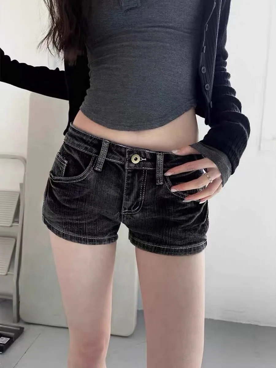 

Y2K Retro American Harajuku Women's Washed Denim Shorts Y2K Fashion Black Gray Hot Girl Sexy Slim Elastic Tight Low Waist Shorts