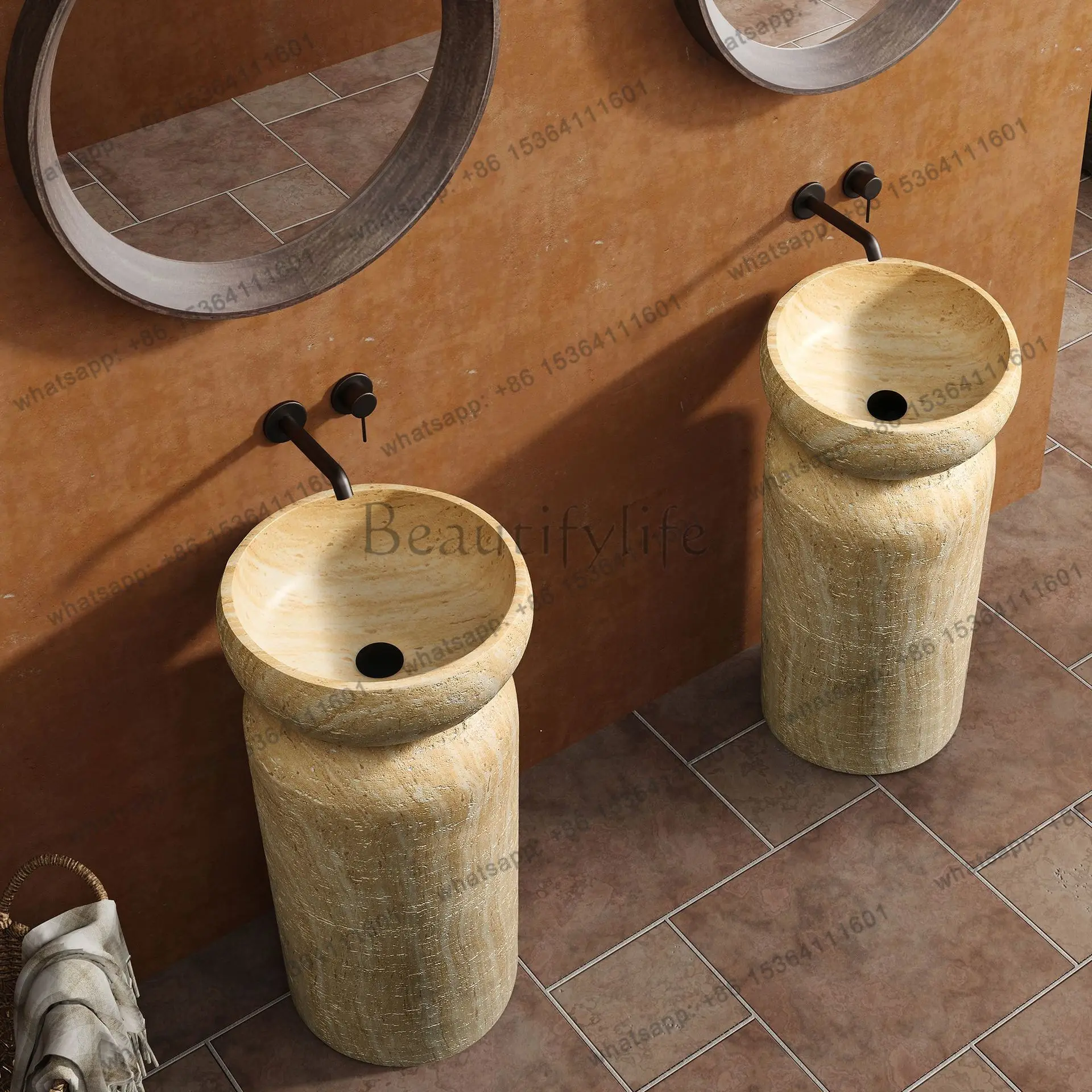 Wabi-sabi wind cave stone column basin balcony outdoor art floor-standing stone sink personalized vertical sink basin