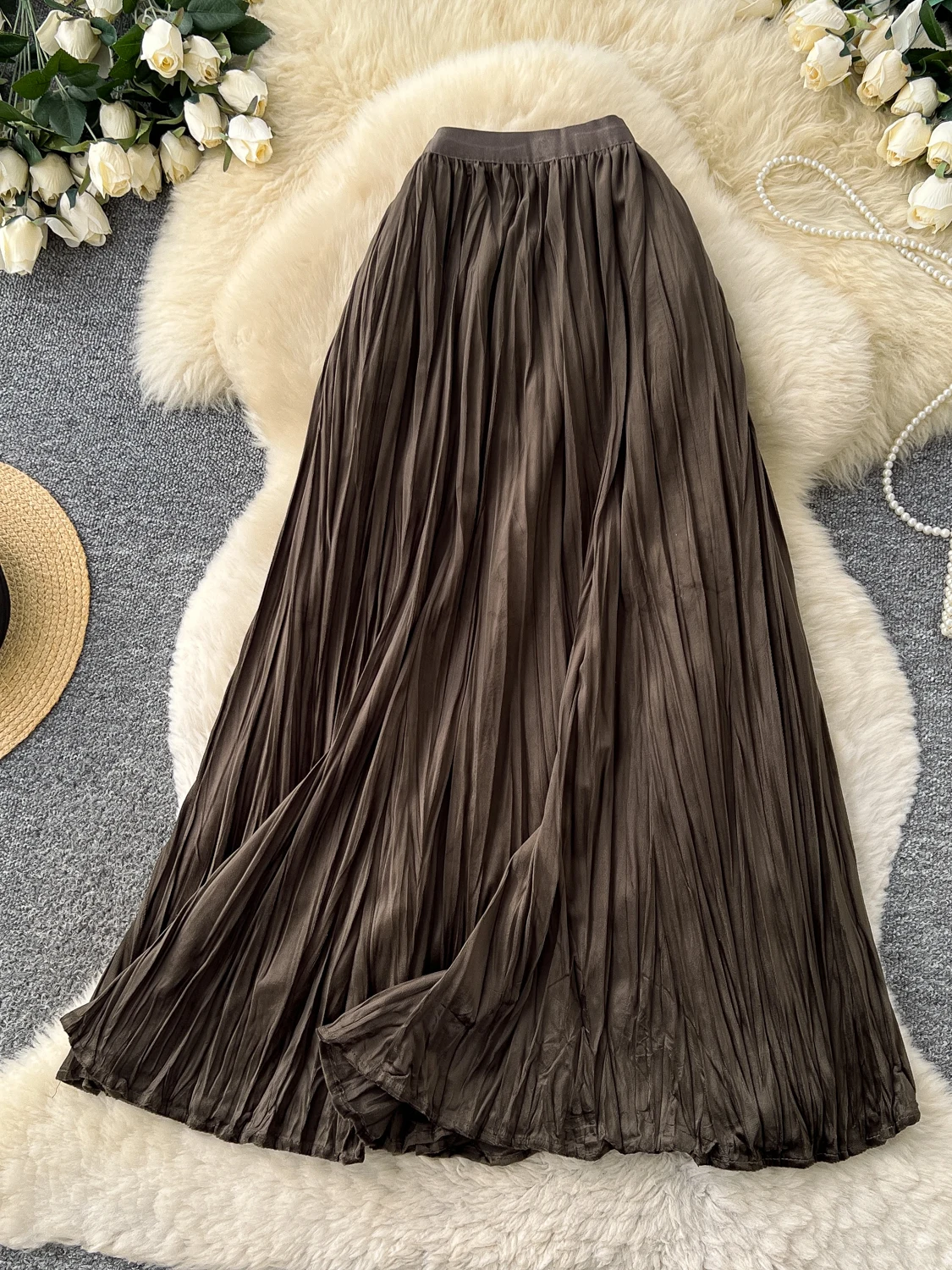 Korean Style High Waist Pleated Midi Skirt Women's Autumn Commute Versatile Slimming A-Line Midi Skirt Gentle Swing Skirt