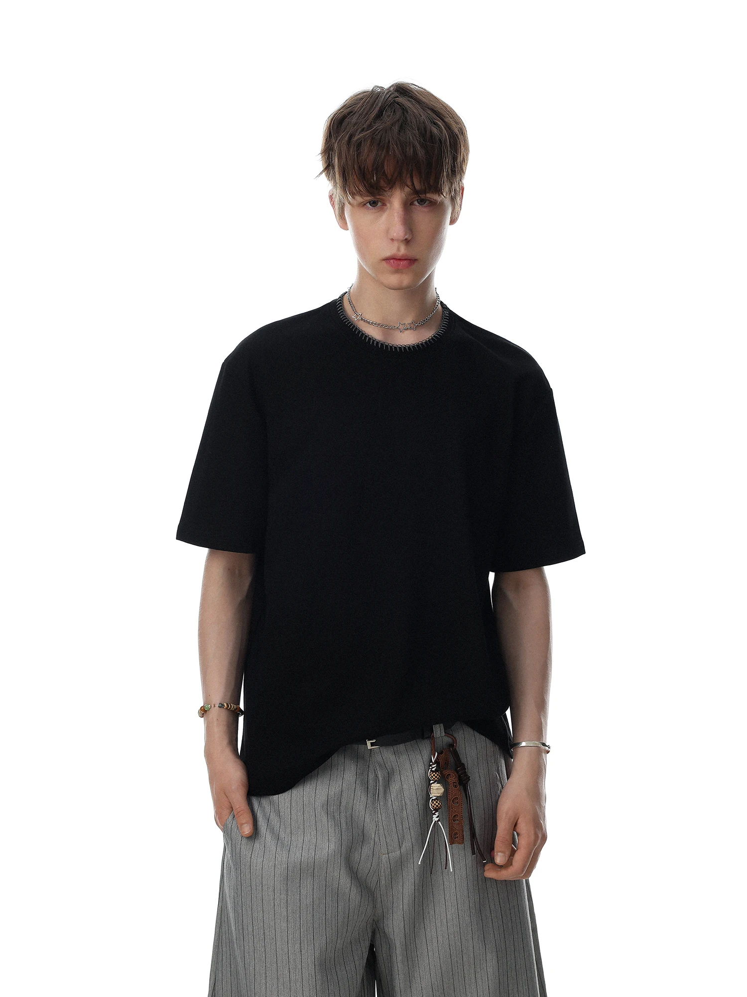 American Retro Style Short Sleeve T-Shirt Pure Color Car Seaming Line Cleanfit Top for Men And Women Curved Texture Cotton Blend