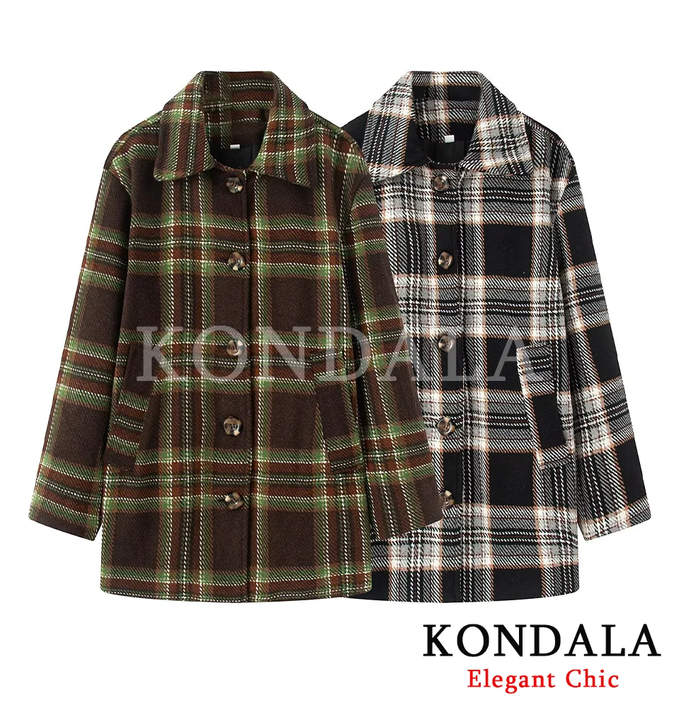 

KONDALA Fall Vintage Plaid Buttons Coat Women's Elegant Casual Lapel Overcoat 2025 Autumn Winter Fashion Female Blended Coat